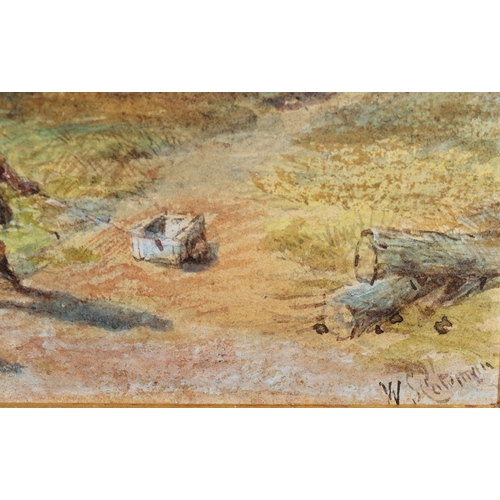 121 - Watercolour, 16cm x 23cm, depicting children playing next to pond outside cottage, indistinctly sign... 