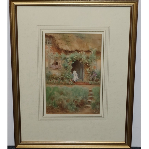 125 - Alfred Montague Rivers, watercolour, 22.5cm x 15cm, depicting young child walking through door of th... 
