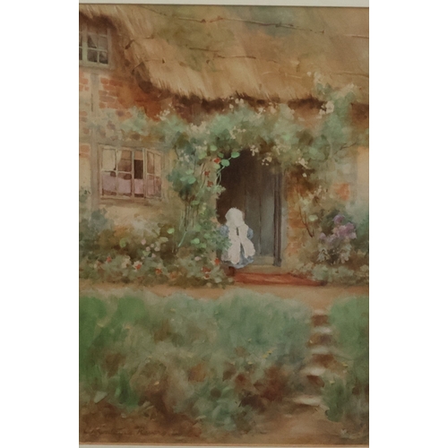 125 - Alfred Montague Rivers, watercolour, 22.5cm x 15cm, depicting young child walking through door of th... 