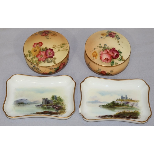 66 - A pair of Coalport small rectangular scallop shaped pin dishes with multi-coloured castle and river ... 