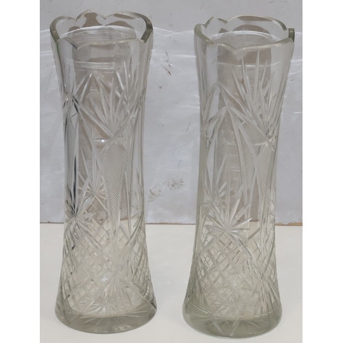 67 - A pair of tall round trumpet shaped vases with crinkle rims, 44cm high