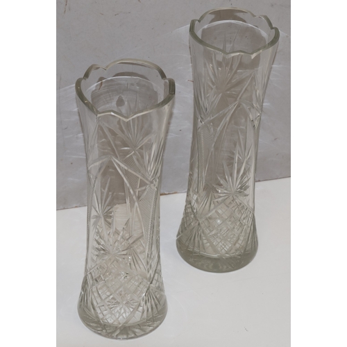 67 - A pair of tall round trumpet shaped vases with crinkle rims, 44cm high