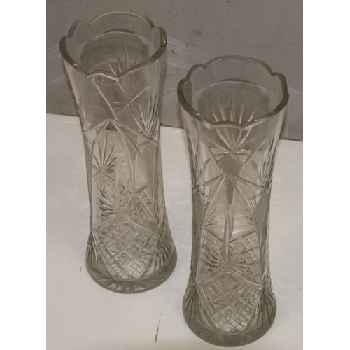 67 - A pair of tall round trumpet shaped vases with crinkle rims, 44cm high