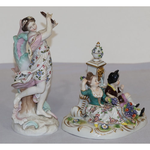 71 - A Naples porcelain group of 2 seated figures with encrusted fruit and leaf decoration, 15.5cm high a... 