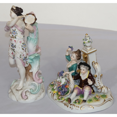 71 - A Naples porcelain group of 2 seated figures with encrusted fruit and leaf decoration, 15.5cm high a... 