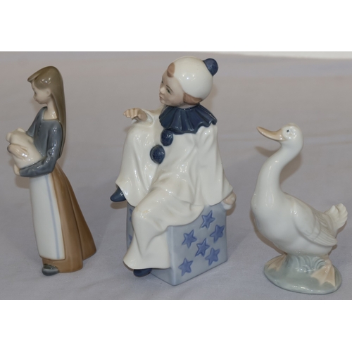 77 - A Lladro figure of a young girl holding a pig, 17.5cm high, a Nao figure of a bird and a Continental... 