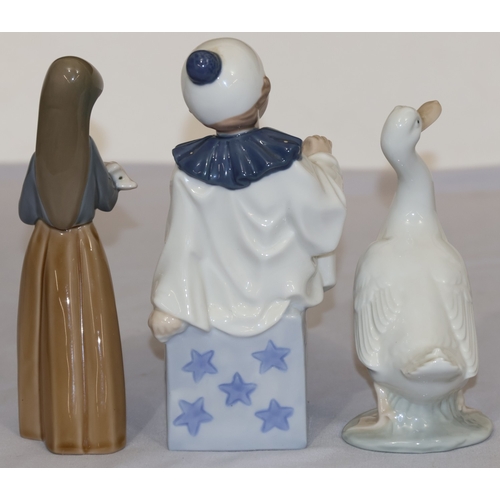 77 - A Lladro figure of a young girl holding a pig, 17.5cm high, a Nao figure of a bird and a Continental... 