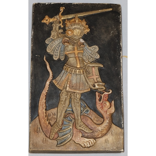 82 - A Compton Art Pottery rectangular shaped plaque depicting George and the Dragon, 18cm x 11cm
