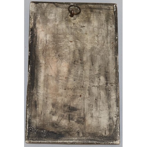 82 - A Compton Art Pottery rectangular shaped plaque depicting George and the Dragon, 18cm x 11cm