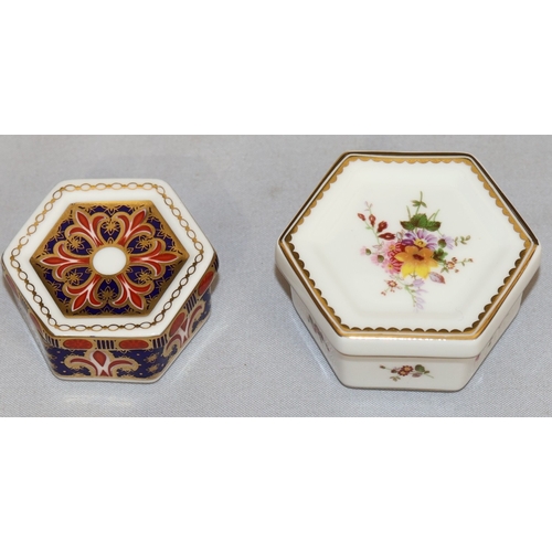 87 - A Royal Crown Derby Imari small hexagonal shaped lidded trinket box, 4.7cm wide and another Royal Cr... 