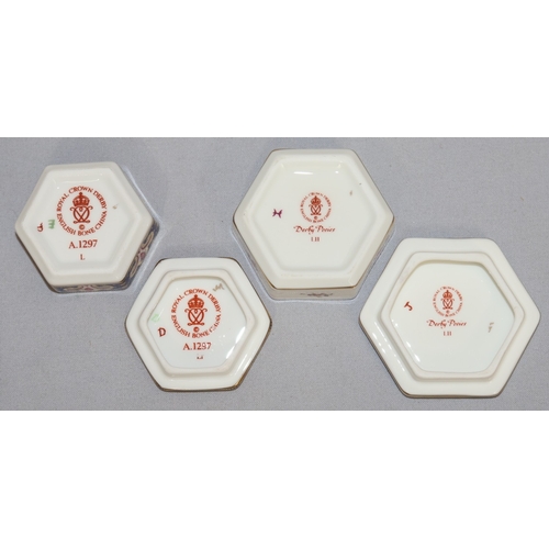 87 - A Royal Crown Derby Imari small hexagonal shaped lidded trinket box, 4.7cm wide and another Royal Cr... 