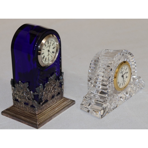 88 - A Waterford crystal quartz small timepiece, 10cm wide and a blue glass and silver-plated 