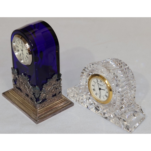 88 - A Waterford crystal quartz small timepiece, 10cm wide and a blue glass and silver-plated 