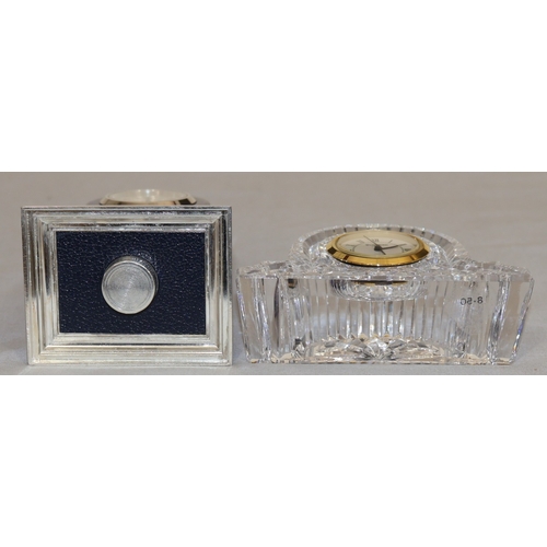 88 - A Waterford crystal quartz small timepiece, 10cm wide and a blue glass and silver-plated 