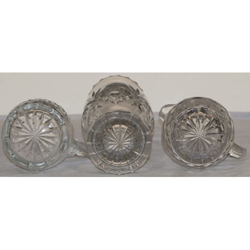 90 - 2 heavy cut glass water jugs, 1 stamped 