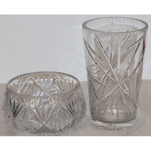 92 - A large heavy cut glass round trumpet shaped vase with thumb pattern rim, 35cm high and a large cut ... 