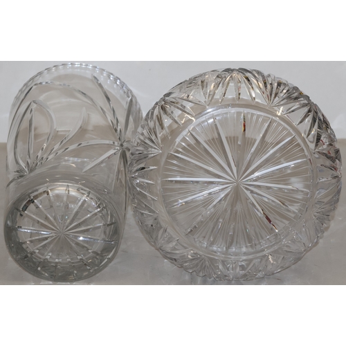 92 - A large heavy cut glass round trumpet shaped vase with thumb pattern rim, 35cm high and a large cut ... 