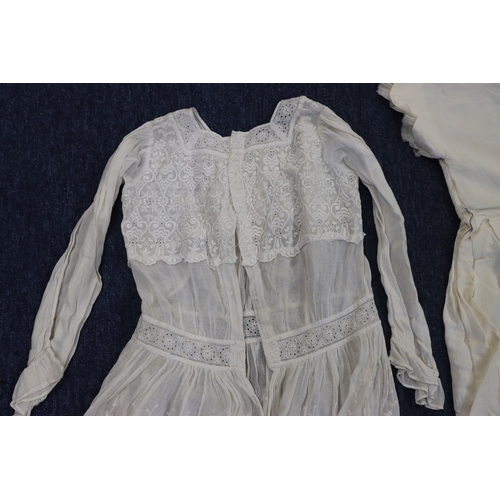 9135 - A vintage young girl's lace long sleeve dress 62cm long, a silk young girls short sleeve dress/under... 