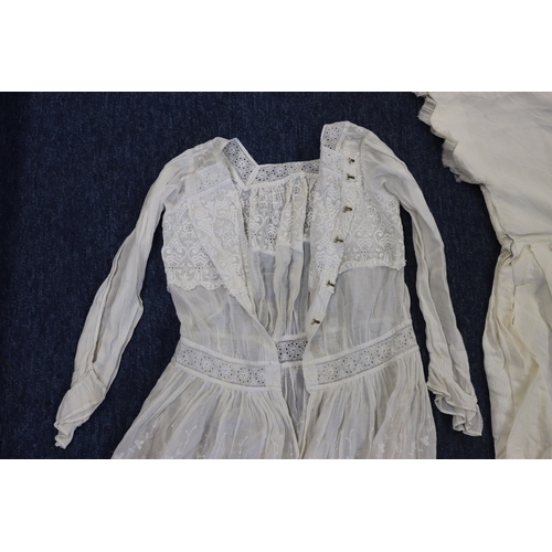 9135 - A vintage young girl's lace long sleeve dress 62cm long, a silk young girls short sleeve dress/under... 