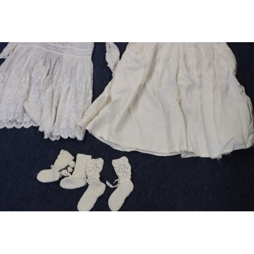 9135 - A vintage young girl's lace long sleeve dress 62cm long, a silk young girls short sleeve dress/under... 