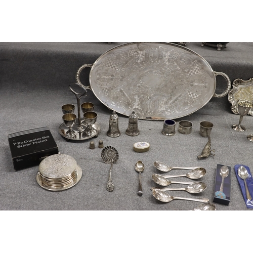 A quantity of various silver-plated teapots, jugs, coffee pot, egg cups ...