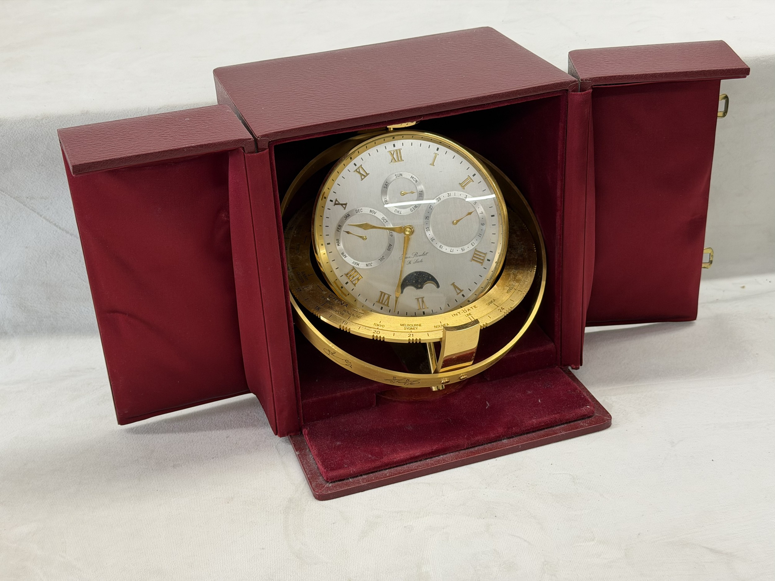 Jean Roulet le Locle, Swiss contemporary brass deck clock with red ...