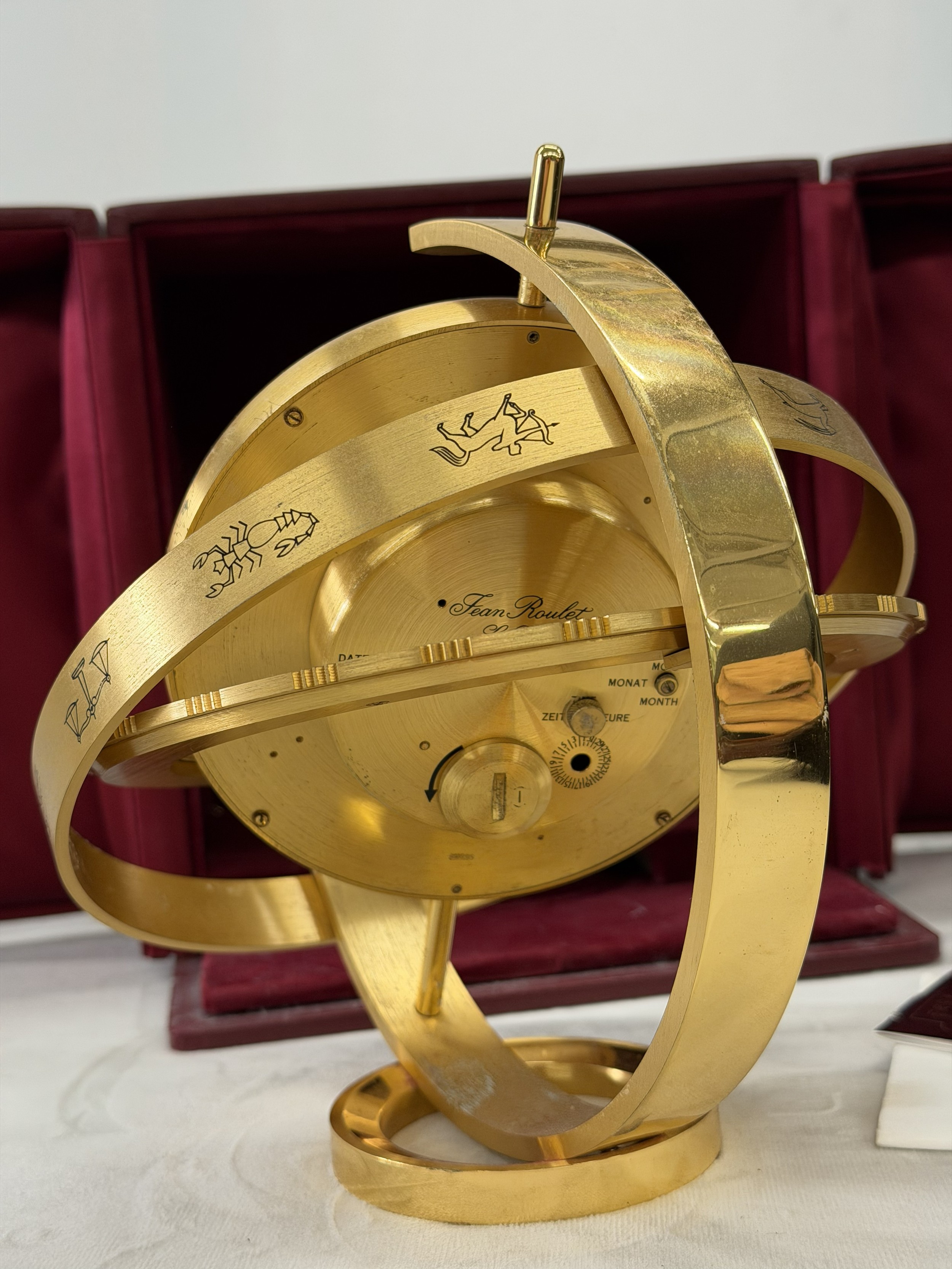 Jean Roulet le Locle, Swiss contemporary brass deck clock with red ...