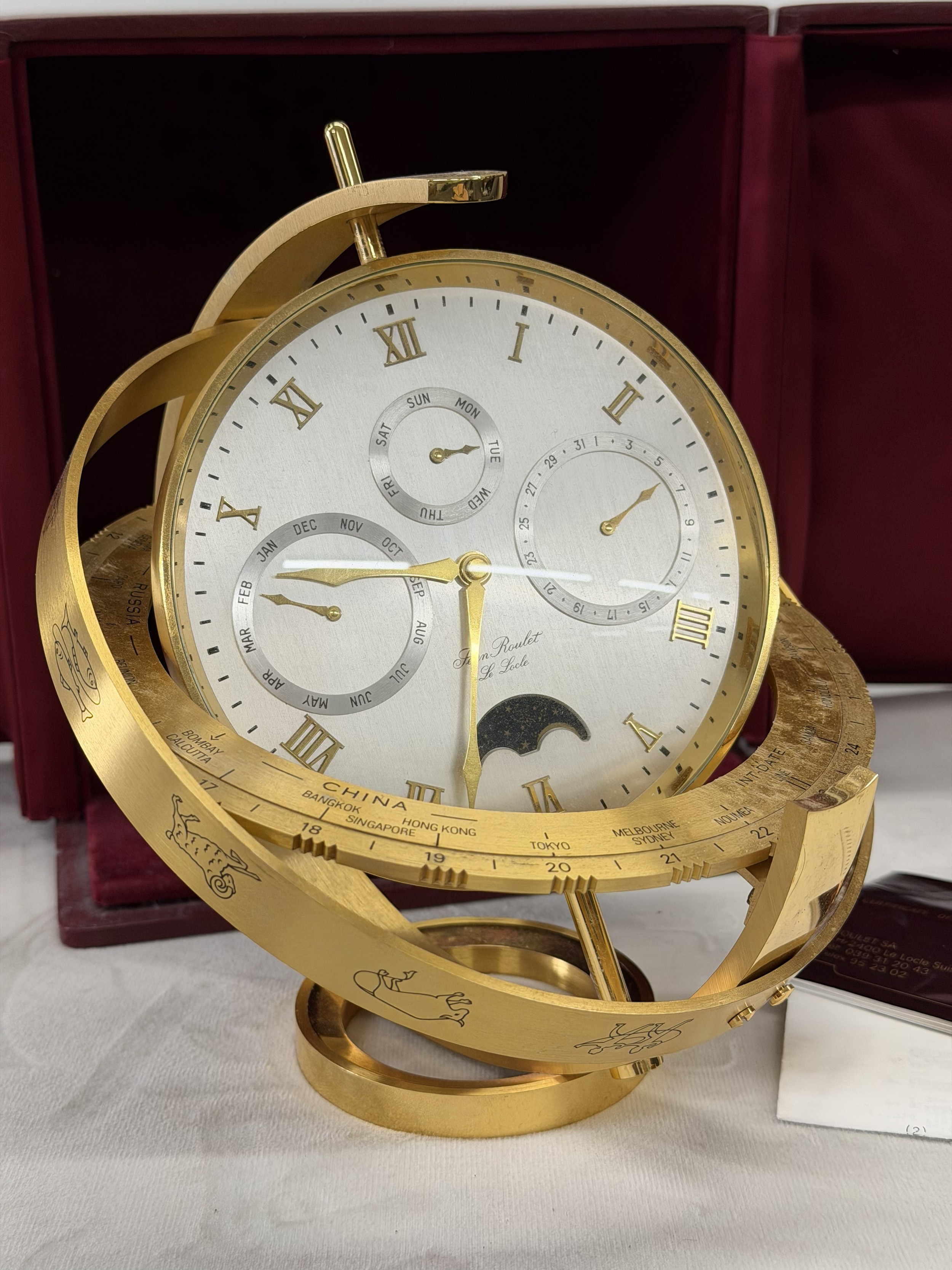 Jean Roulet le Locle, Swiss contemporary brass deck clock with red ...