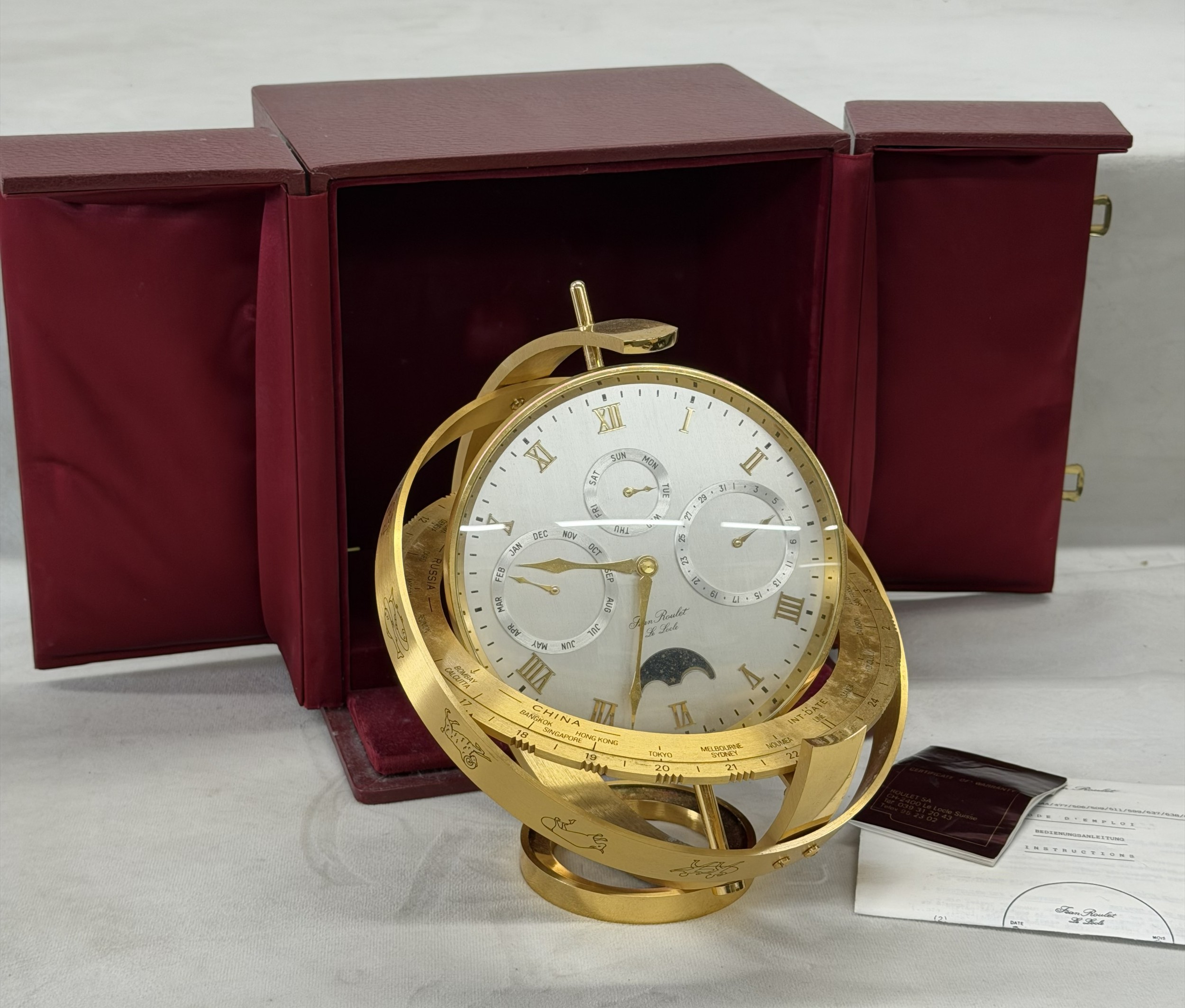 Jean Roulet le Locle, Swiss contemporary brass deck clock with red ...