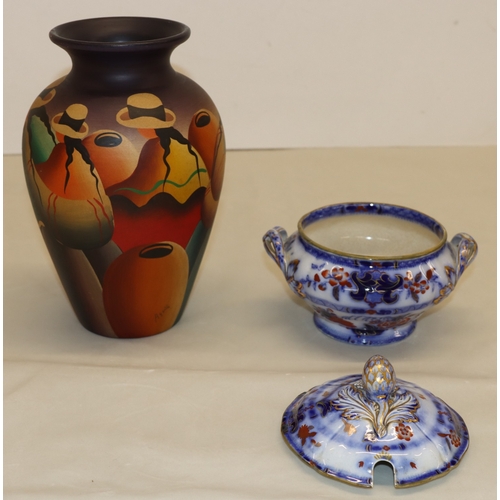 3005 - An earthenware vase, 25.5cm high (small chip to rim) a small lidded tureen, 14cm high and 4 plates. ... 