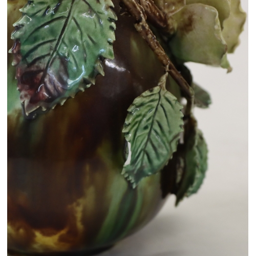 3013 - A pair of Majolica vases, 20cm high. (1 rose petal damaged, 3 leaves damaged and 1 chip to 1 leaf).