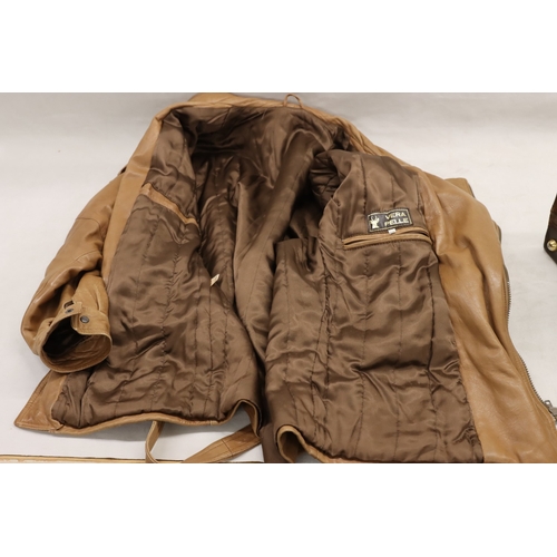 3025 - A tan leather gentleman's jacket, 82cm long, shoulder to cuff 70cm size 50. (2 dark spots to back).