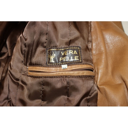 3025 - A tan leather gentleman's jacket, 82cm long, shoulder to cuff 70cm size 50. (2 dark spots to back).