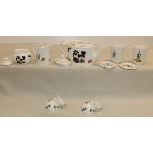 3035 - A pair of Villeroy  & Boch mouse figure salt and pepper shakers and a Hogarth Pottery tea set, 1 tea... 
