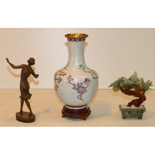 3041 - A Cloisonne vase, 26cm high, with Oriental wood stand, an Oriental soapstone figure, 10cm high, a sm... 