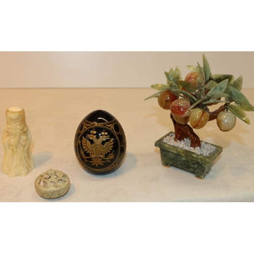 3041 - A Cloisonne vase, 26cm high, with Oriental wood stand, an Oriental soapstone figure, 10cm high, a sm... 