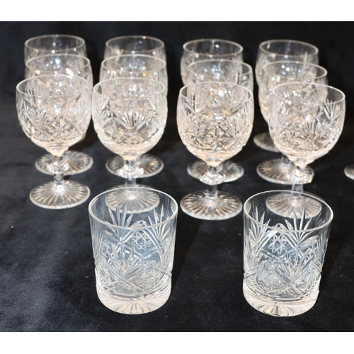 3042 - 12 cut glass small wine glasses (3 chipped), 10 cut glass water glasses, 3 matching smaller glasses ... 