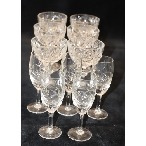 3042 - 12 cut glass small wine glasses (3 chipped), 10 cut glass water glasses, 3 matching smaller glasses ... 