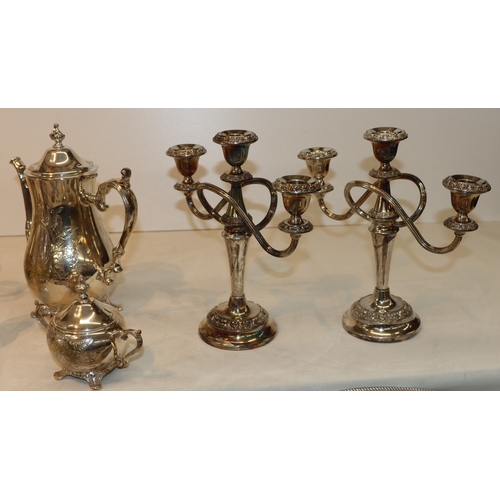 3051 - A pair of silver-plated 3-light candlesticks, 25.5cm high, various other plated candlesticks, coffee... 