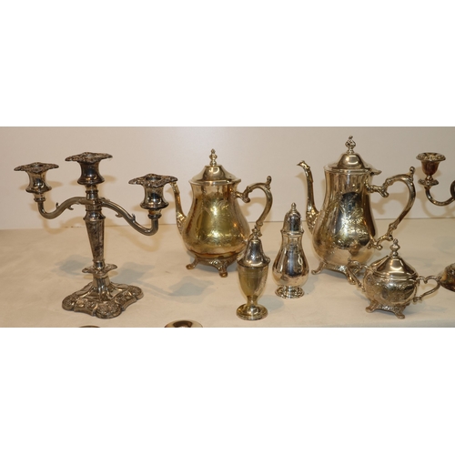 3051 - A pair of silver-plated 3-light candlesticks, 25.5cm high, various other plated candlesticks, coffee... 