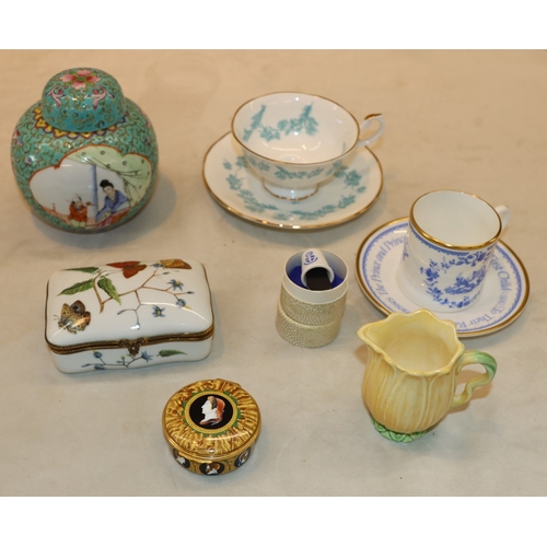 3052 - A Waterford crystal small timepiece, 7cm diameter, a Wedgwood Butterfly Bloom teapot, a Coalport orn... 