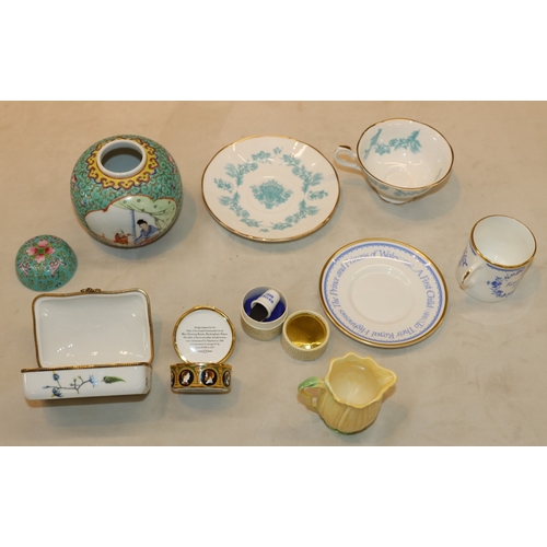 3052 - A Waterford crystal small timepiece, 7cm diameter, a Wedgwood Butterfly Bloom teapot, a Coalport orn... 