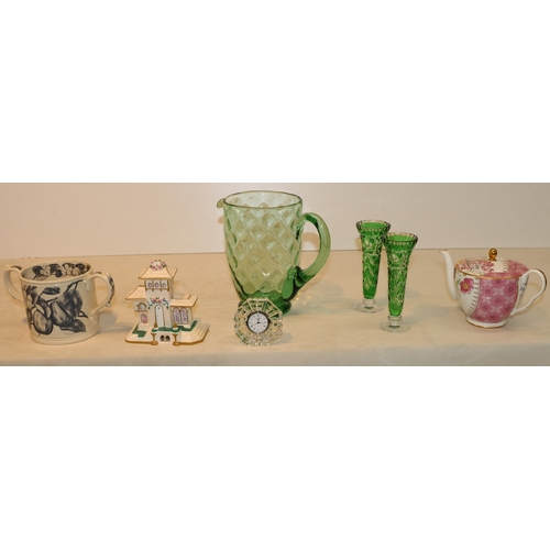 3052 - A Waterford crystal small timepiece, 7cm diameter, a Wedgwood Butterfly Bloom teapot, a Coalport orn... 