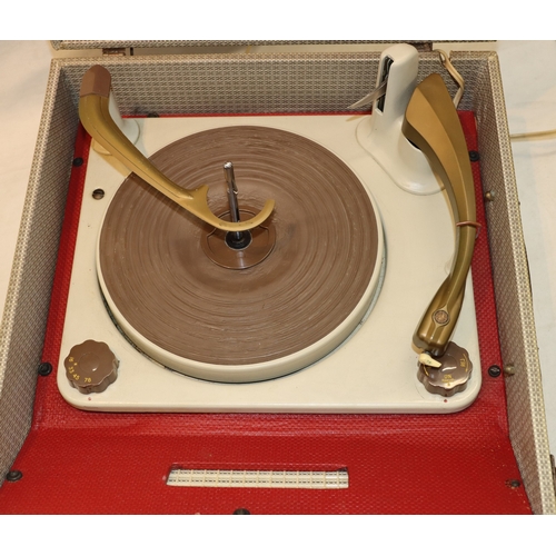 3054 - A Dansette Major portable record player in red (Dansette logo to front damaged, not tested).