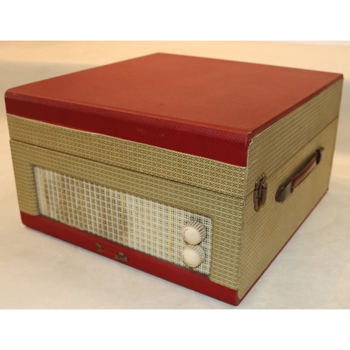 3054 - A Dansette Major portable record player in red (Dansette logo to front damaged, not tested).