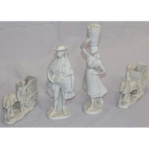 59 - A pair of white Bisque figures of a gentleman and lady carrying basket on her head, 25cm high and a ... 