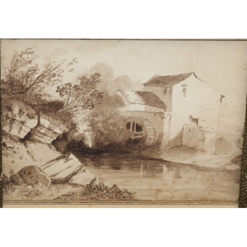 268 - A watercolour, 17cm x 25cm, depicting figures outside thatched watermill, unsigned, in gilt frame an... 