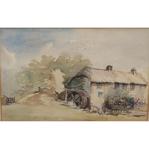 268 - A watercolour, 17cm x 25cm, depicting figures outside thatched watermill, unsigned, in gilt frame an... 