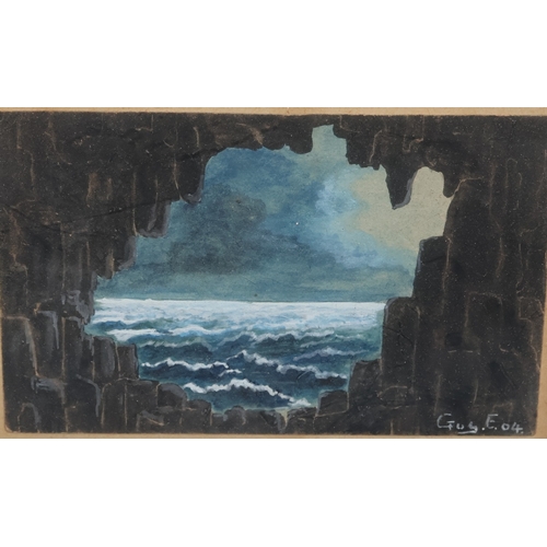 270 - Guy. E, watercolour, 9cm x 14cm,  depicting sea view from inside cave, dated '04, in oak frame and a... 