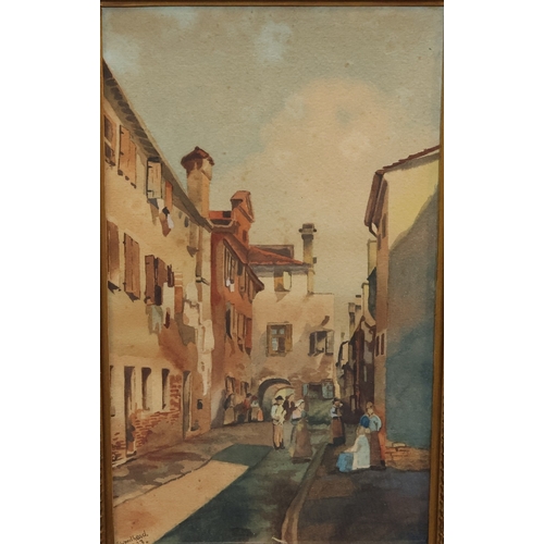 272 - E Woodhead, Continental watercolour, 30cm x 17cm, depicting various figures in street scene, signed ... 